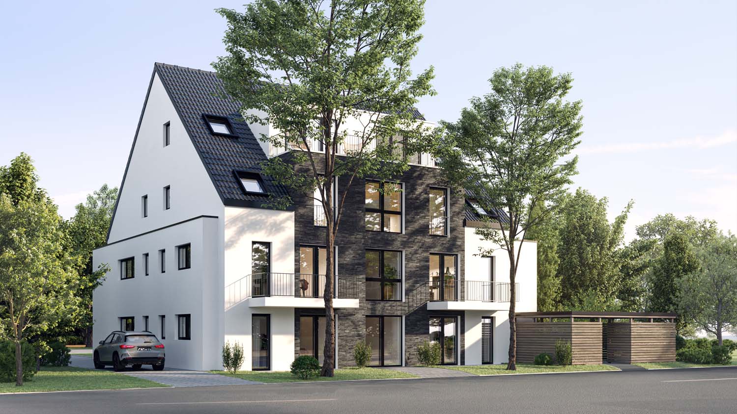 Strassenansicht links Neubauprojekt in Kaarst Mehrfamilienhaus Neubau Lange Hecke